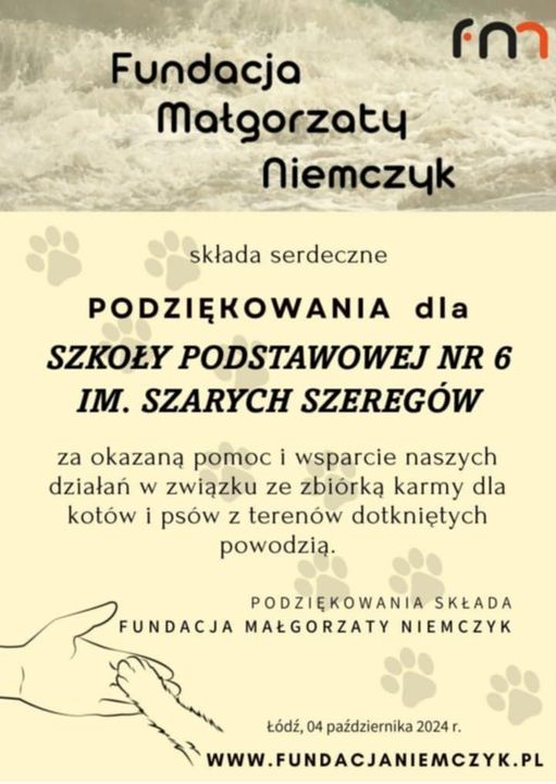 Podziękowania dla SP6 od Fundacji Małgorzaty Niemczyk.