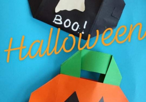 Torebki na słodkie smakołyki halloweenowe w kształcie dyni, kotka i duszka. Technika pracy to origami.