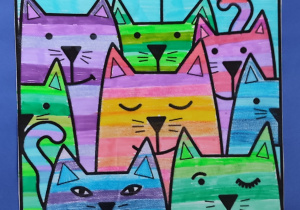 Koty z krainy marzeń. Praca wykonana przy użyciu mazaków, kolorowego papieru na zasadzie zamalowywania gotowej sylwety.