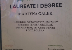 Dyplom dla Martyny Gałek za zajęcie I miejsce w konkursie.