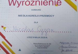 Dyplom za wyróżnienie w konkursie.