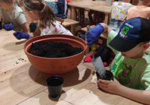 Uczniowie klasy 1a uczestniczący w warsztatach w ogrodzie botanicznym.