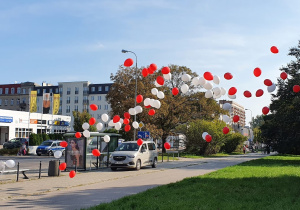 Wznoszące się do nieba biało-czerwone balony.